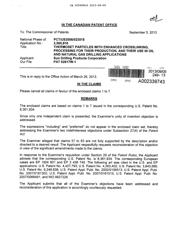 Document de brevet canadien 2565816. Poursuite-Amendment 20130905. Image 1 de 4