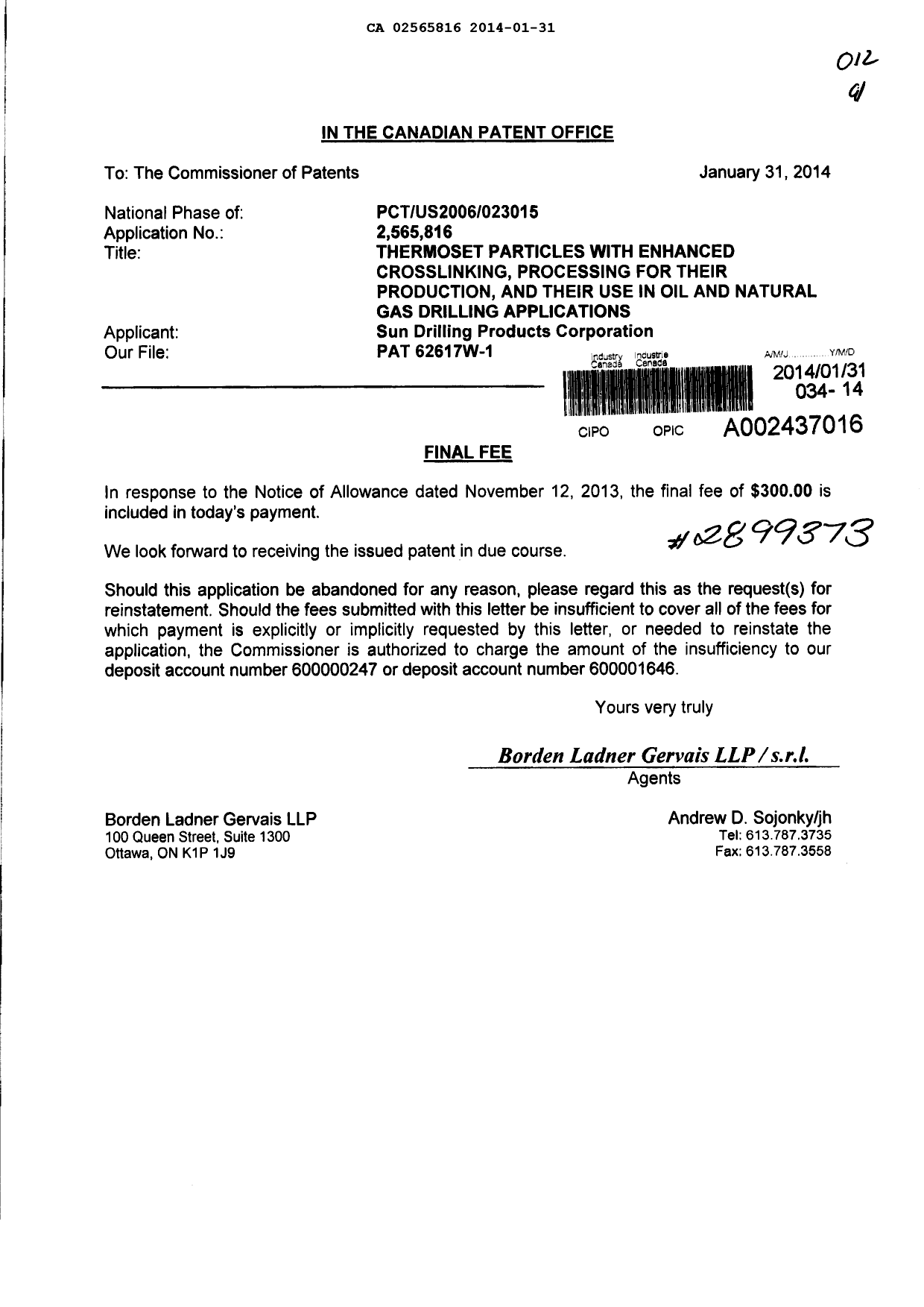 Document de brevet canadien 2565816. Correspondance 20140131. Image 1 de 1