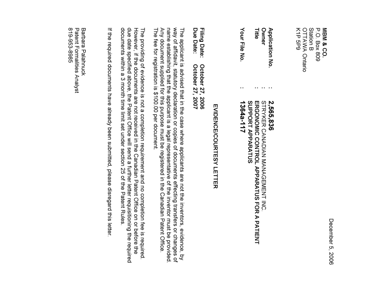 Canadian Patent Document 2565836. Correspondence 20061205. Image 1 of 1