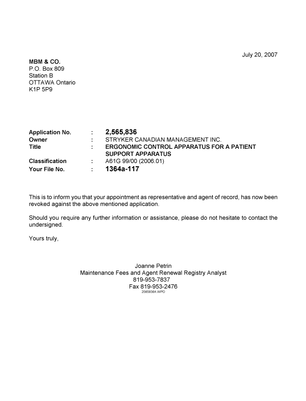 Document de brevet canadien 2565836. Correspondance 20070720. Image 1 de 1