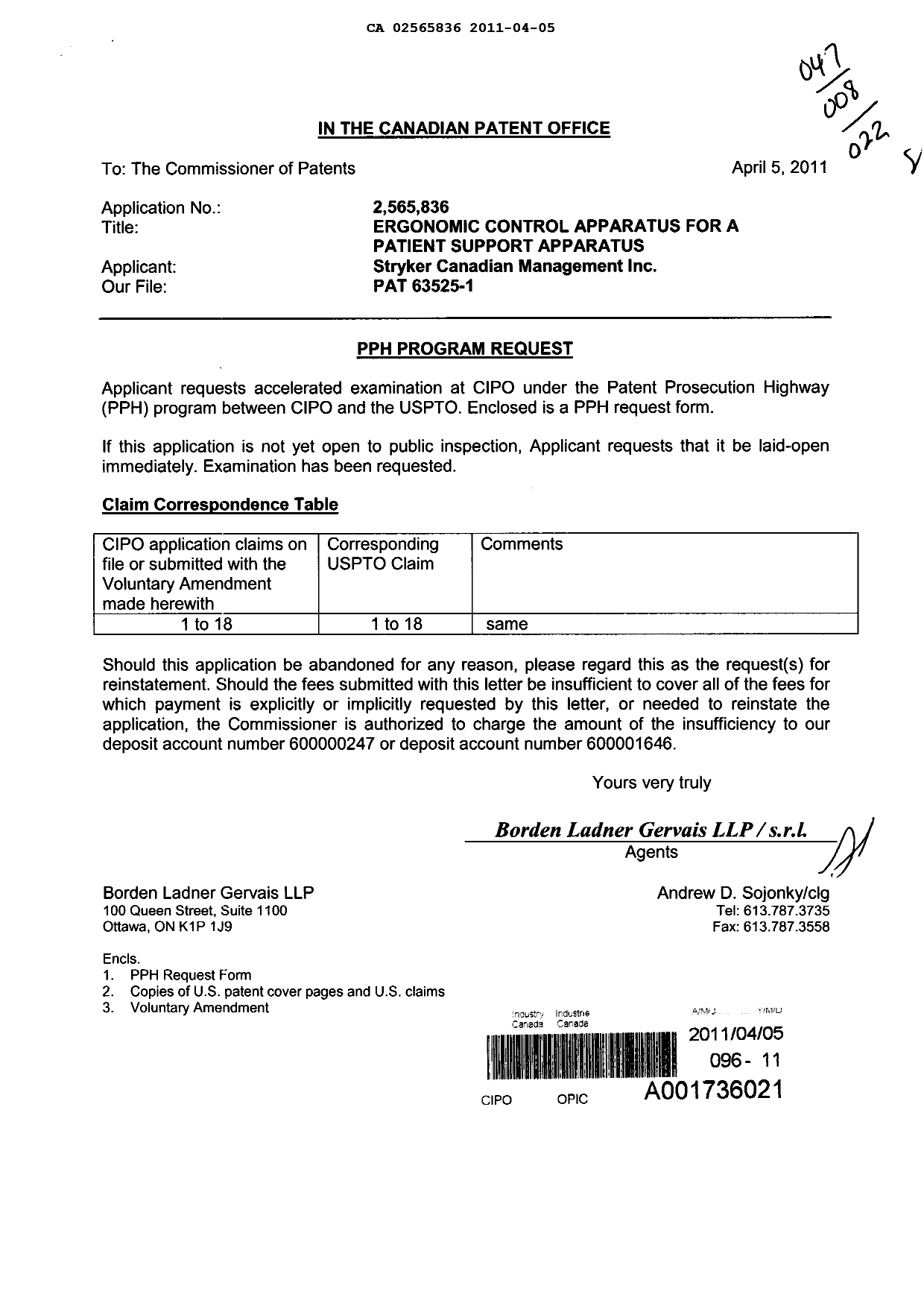 Canadian Patent Document 2565836. Prosecution-Amendment 20110405. Image 1 of 8