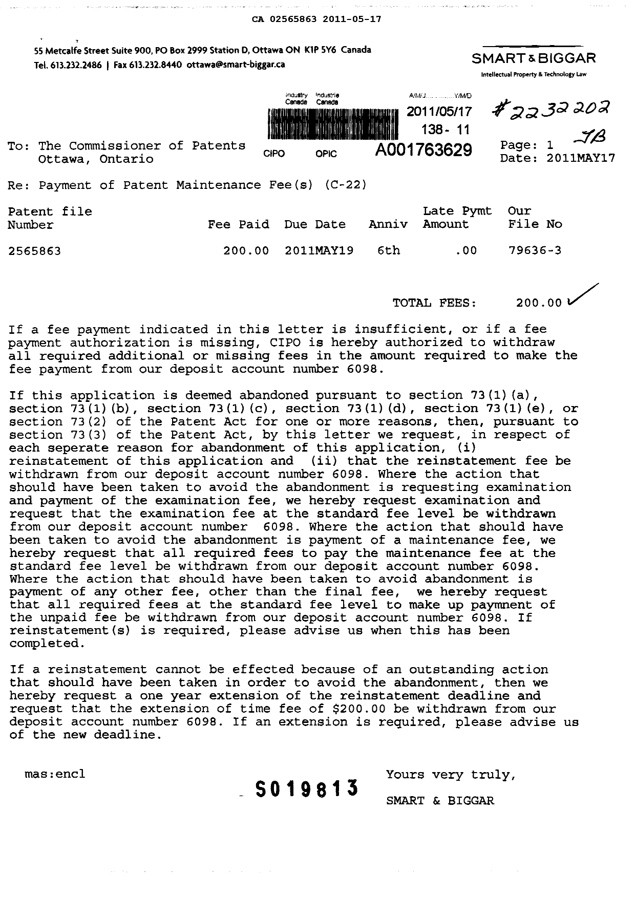 Document de brevet canadien 2565863. Taxes 20110517. Image 1 de 1