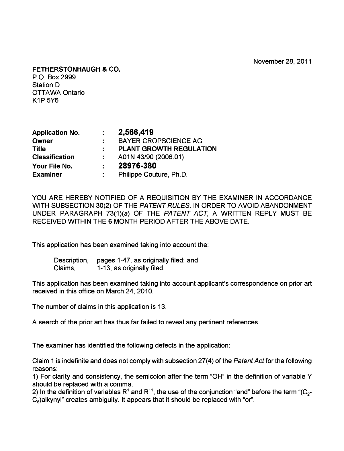 Document de brevet canadien 2566419. Poursuite-Amendment 20111128. Image 1 de 4