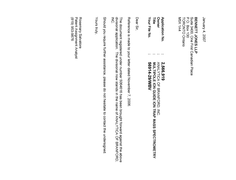 Canadian Patent Document 2566919. Correspondence 20070104. Image 1 of 1