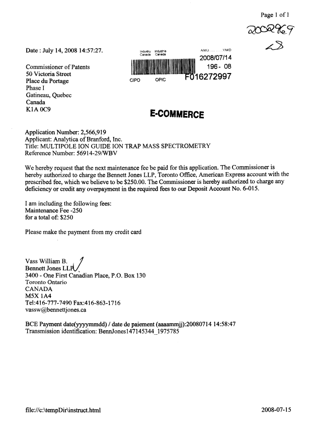 Document de brevet canadien 2566919. Taxes 20080714. Image 1 de 1