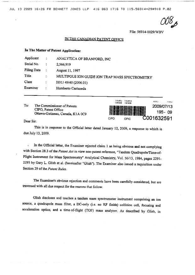 Canadian Patent Document 2566919. Prosecution-Amendment 20090713. Image 1 of 7