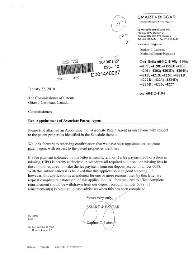 Document de brevet canadien 2566919. Correspondance 20100122. Image 1 de 4