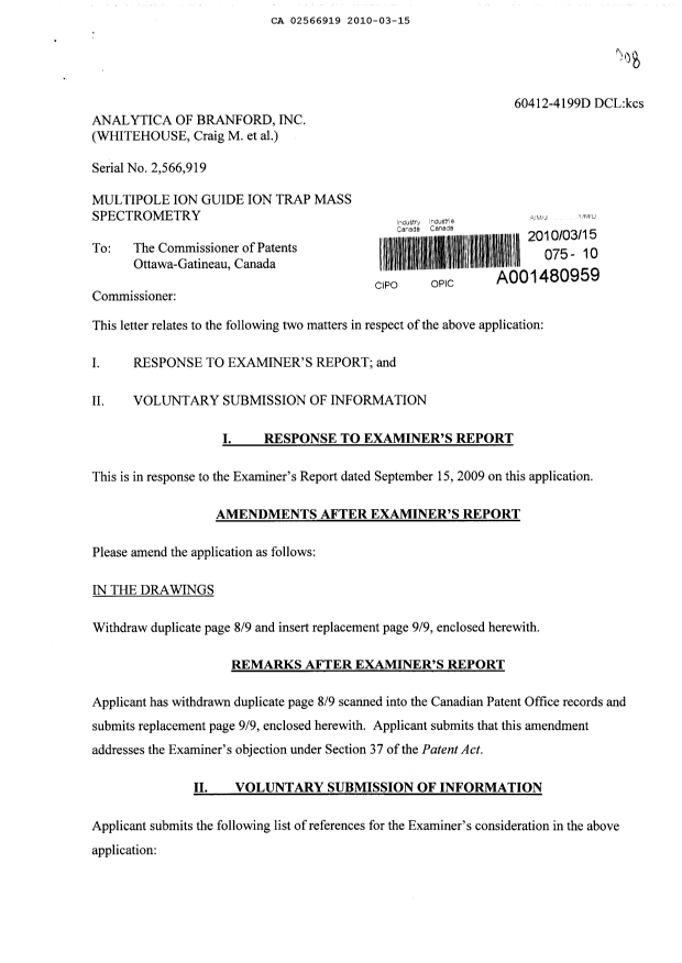 Canadian Patent Document 2566919. Prosecution-Amendment 20100315. Image 1 of 4