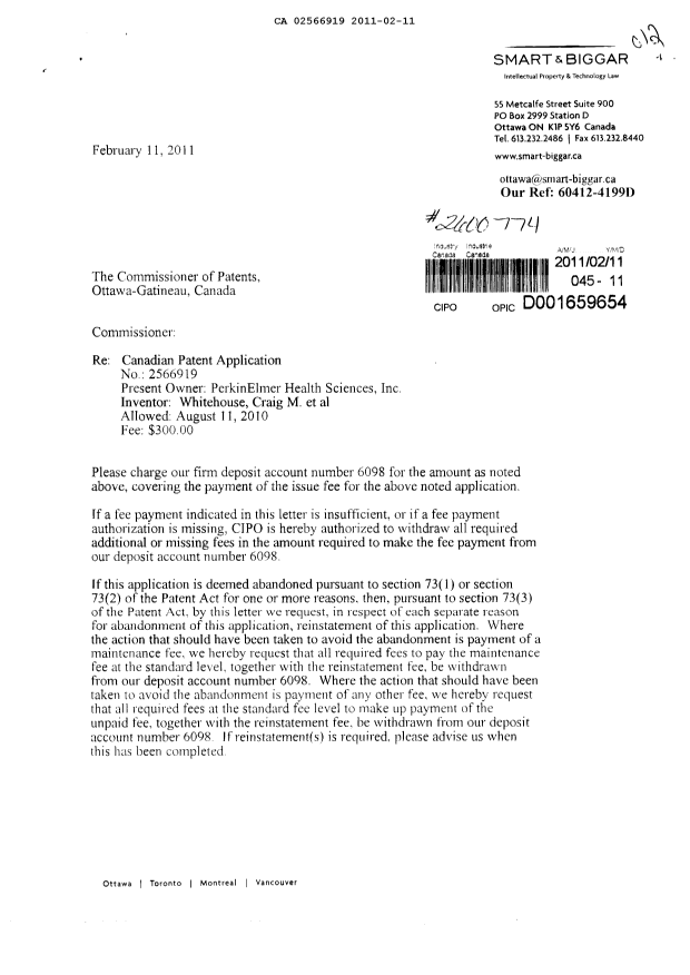 Document de brevet canadien 2566919. Correspondance 20110211. Image 1 de 2