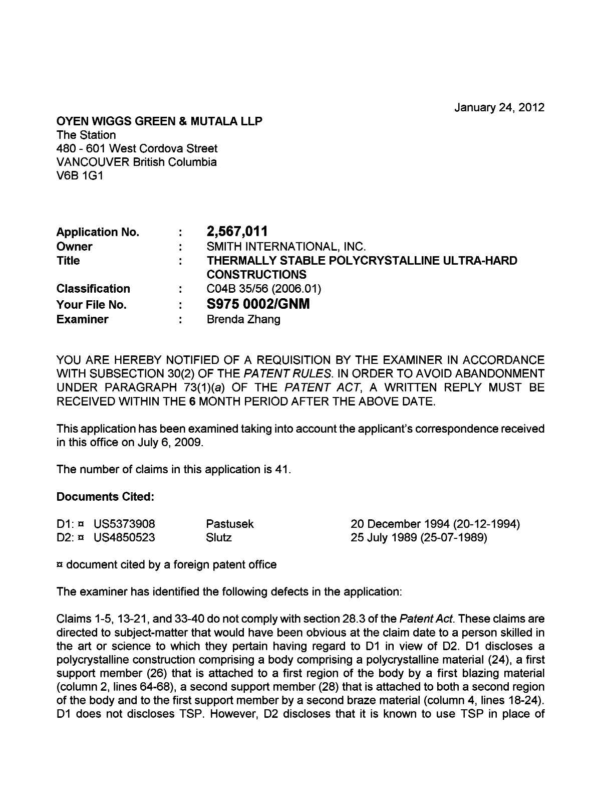 Document de brevet canadien 2567011. Poursuite-Amendment 20120124. Image 1 de 2