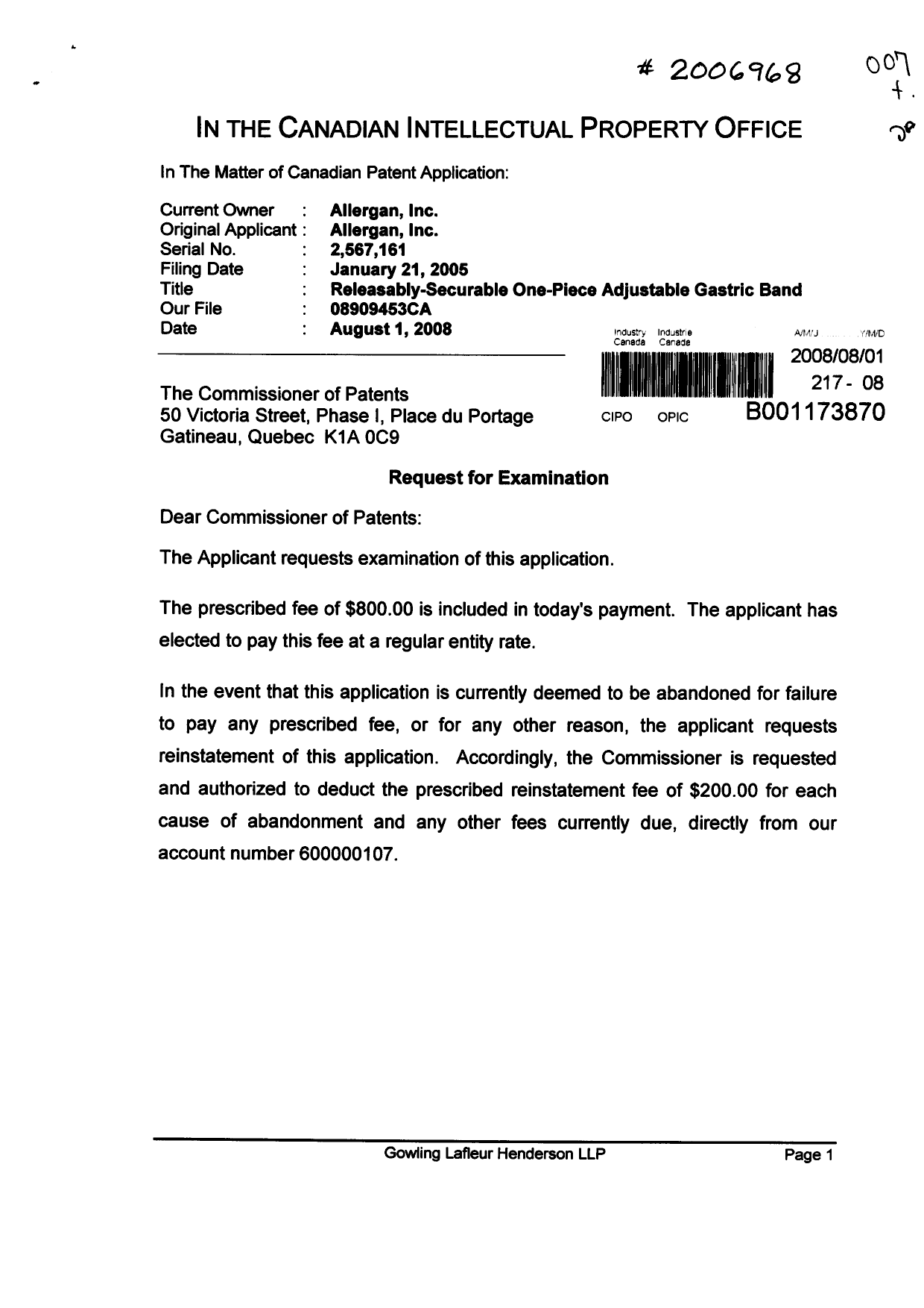 Canadian Patent Document 2567161. Prosecution-Amendment 20080801. Image 1 of 2