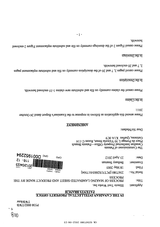 Canadian Patent Document 2567380. Prosecution-Amendment 20120423. Image 1 of 19