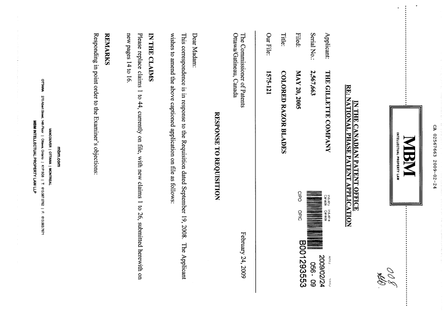 Canadian Patent Document 2567663. Prosecution-Amendment 20090224. Image 1 of 6