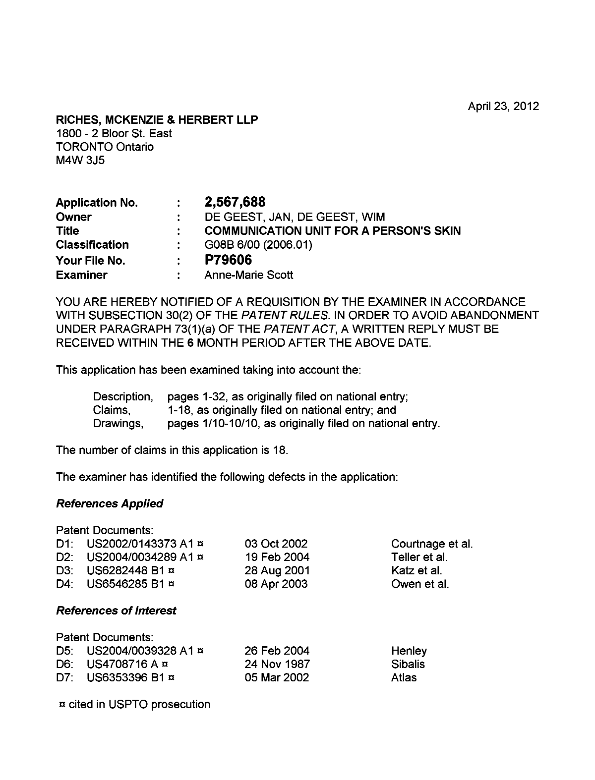 Canadian Patent Document 2567688. Prosecution-Amendment 20120423. Image 1 of 5