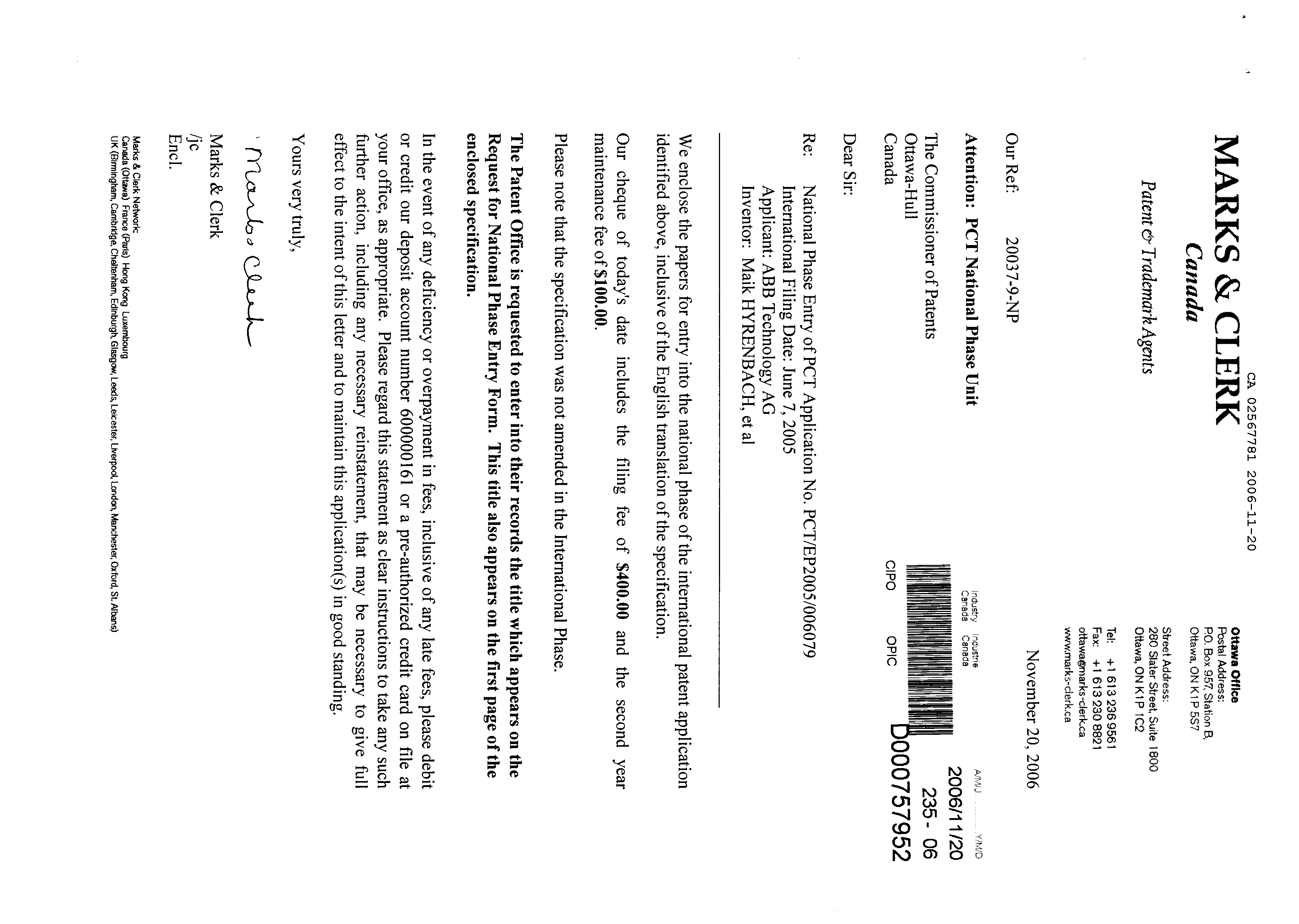 Document de brevet canadien 2567781. Cession 20051220. Image 1 de 2