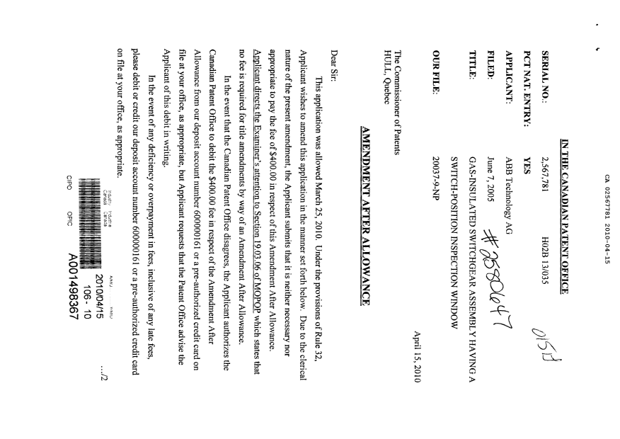 Document de brevet canadien 2567781. Poursuite-Amendment 20091215. Image 1 de 3