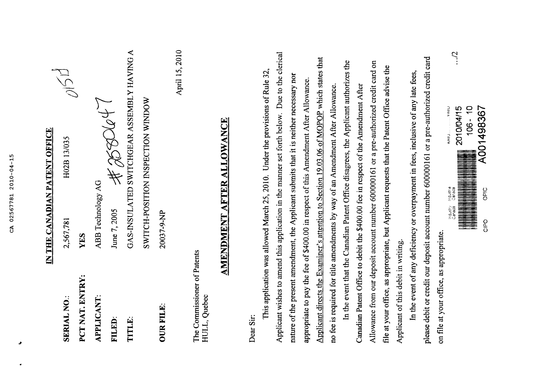 Canadian Patent Document 2567781. Prosecution-Amendment 20091215. Image 1 of 3