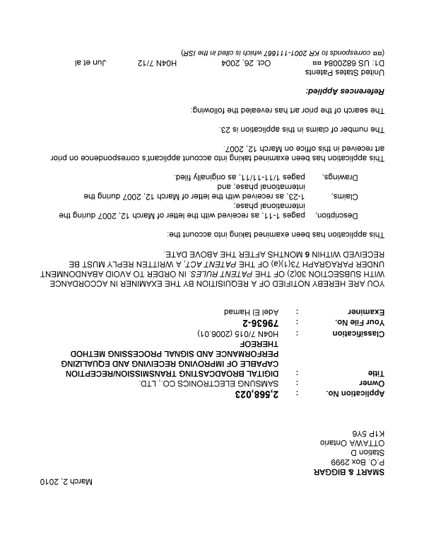 Canadian Patent Document 2568023. Prosecution-Amendment 20100302. Image 1 of 4