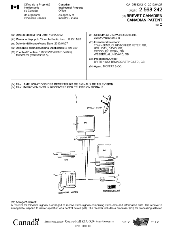 Canadian Patent Document 2568242. Cover Page 20100408. Image 1 of 2
