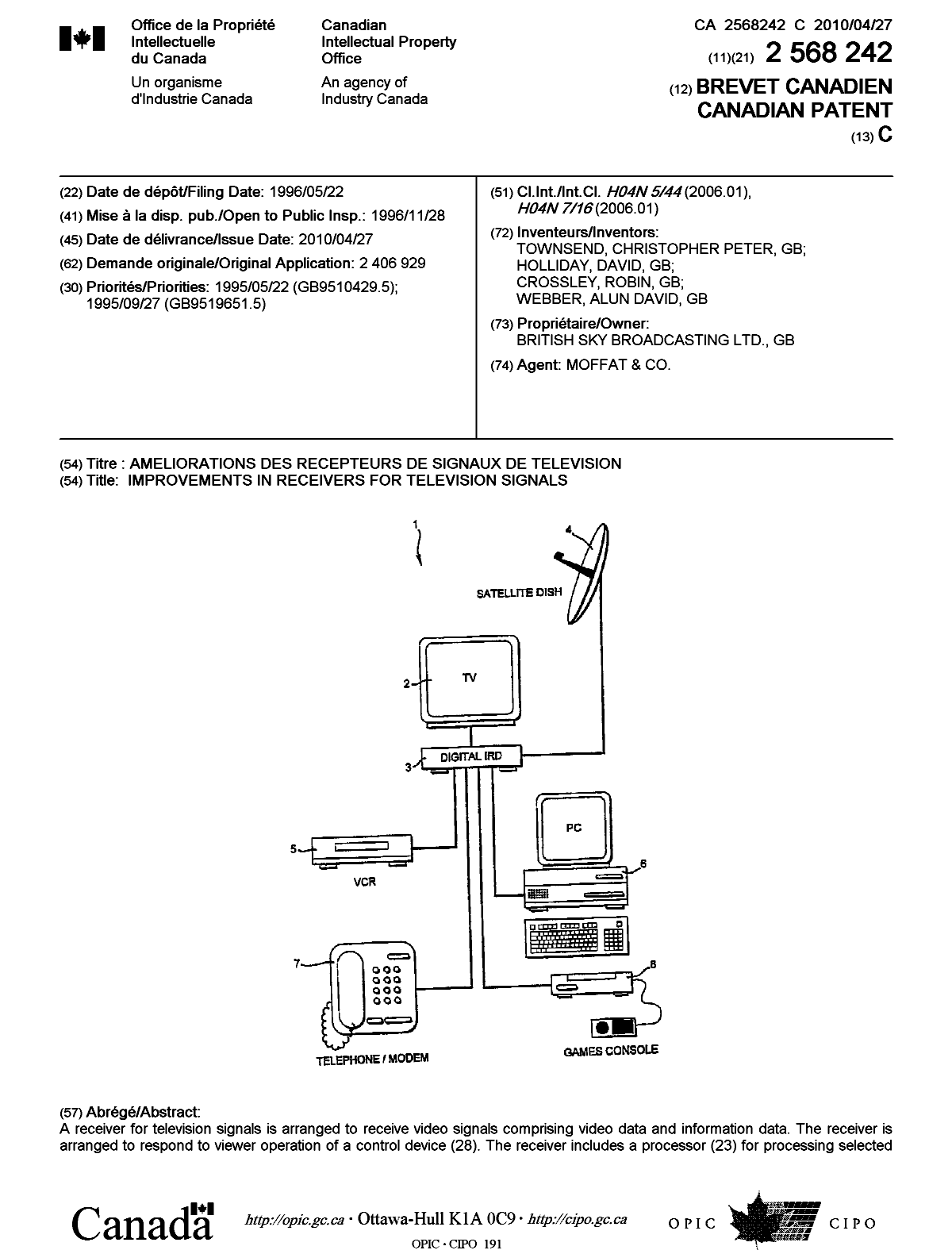 Document de brevet canadien 2568242. Page couverture 20100408. Image 1 de 2