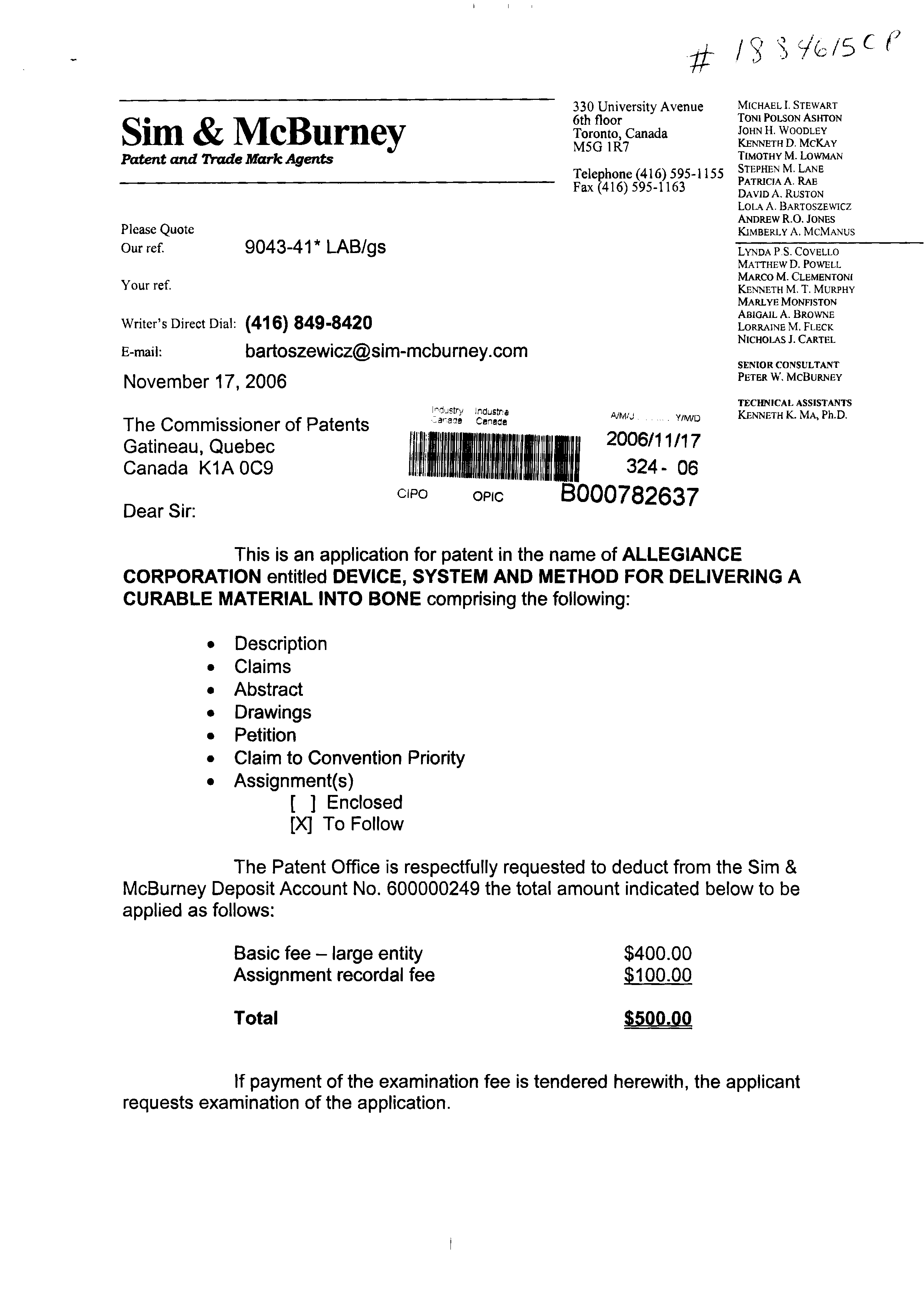 Canadian Patent Document 2568374. Assignment 20061117. Image 1 of 3