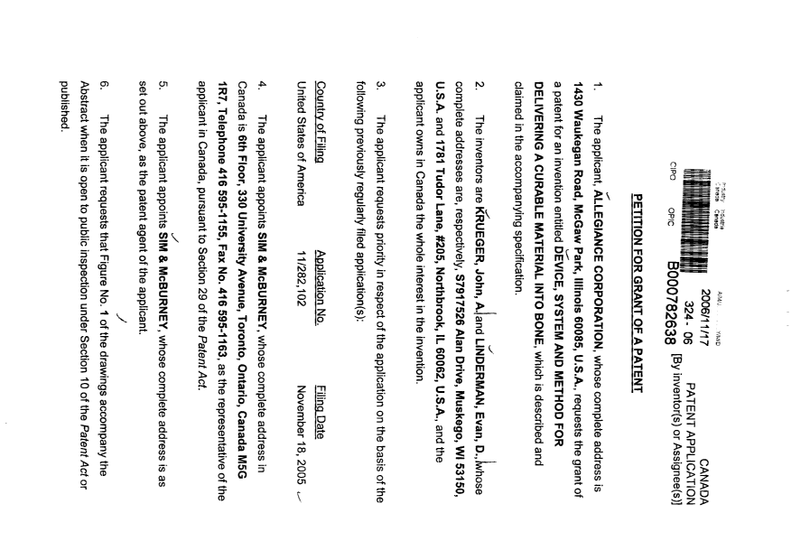 Document de brevet canadien 2568374. Cession 20061117. Image 3 de 3