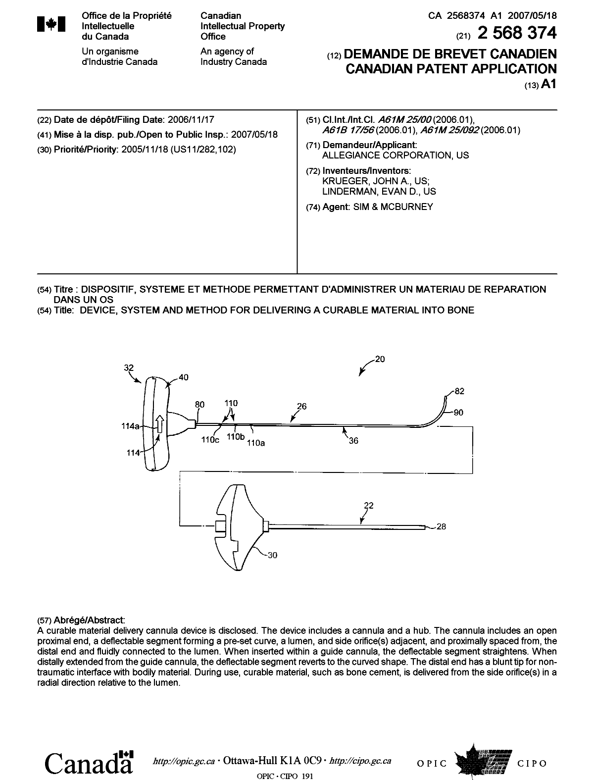 Canadian Patent Document 2568374. Cover Page 20070511. Image 1 of 1