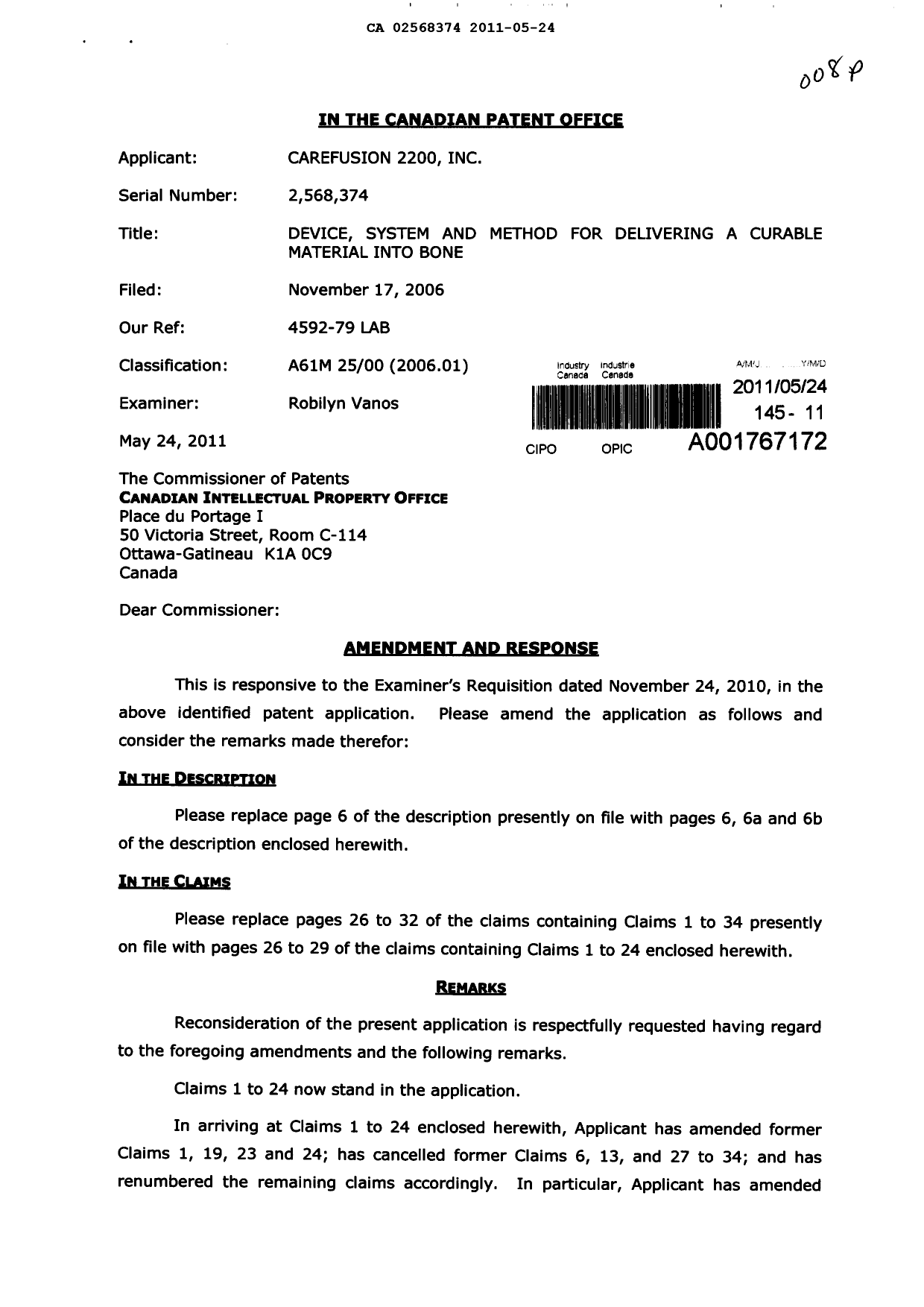 Canadian Patent Document 2568374. Prosecution-Amendment 20110524. Image 1 of 11