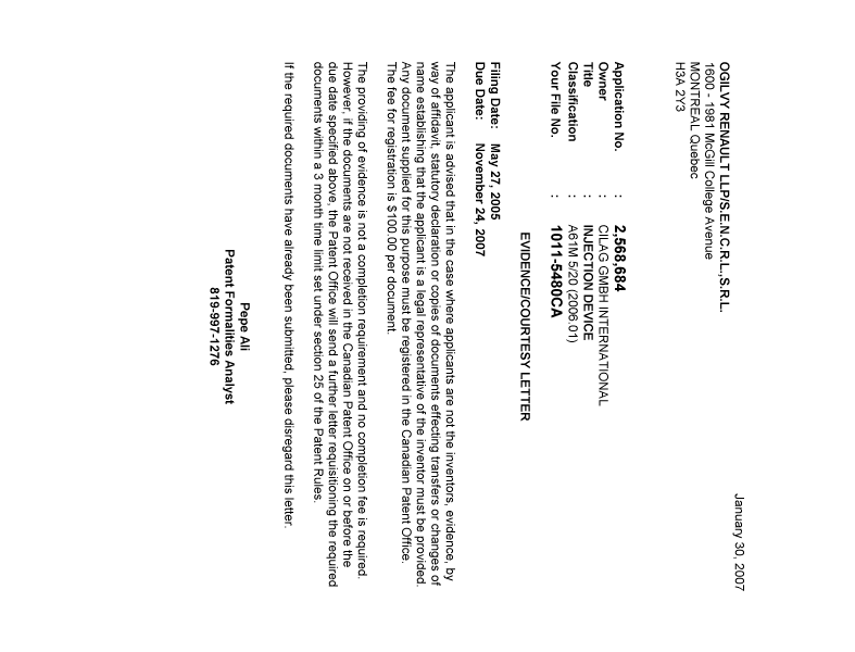 Document de brevet canadien 2568684. Correspondance 20070125. Image 1 de 1