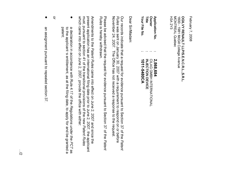 Canadian Patent Document 2568684. Correspondence 20080207. Image 1 of 2