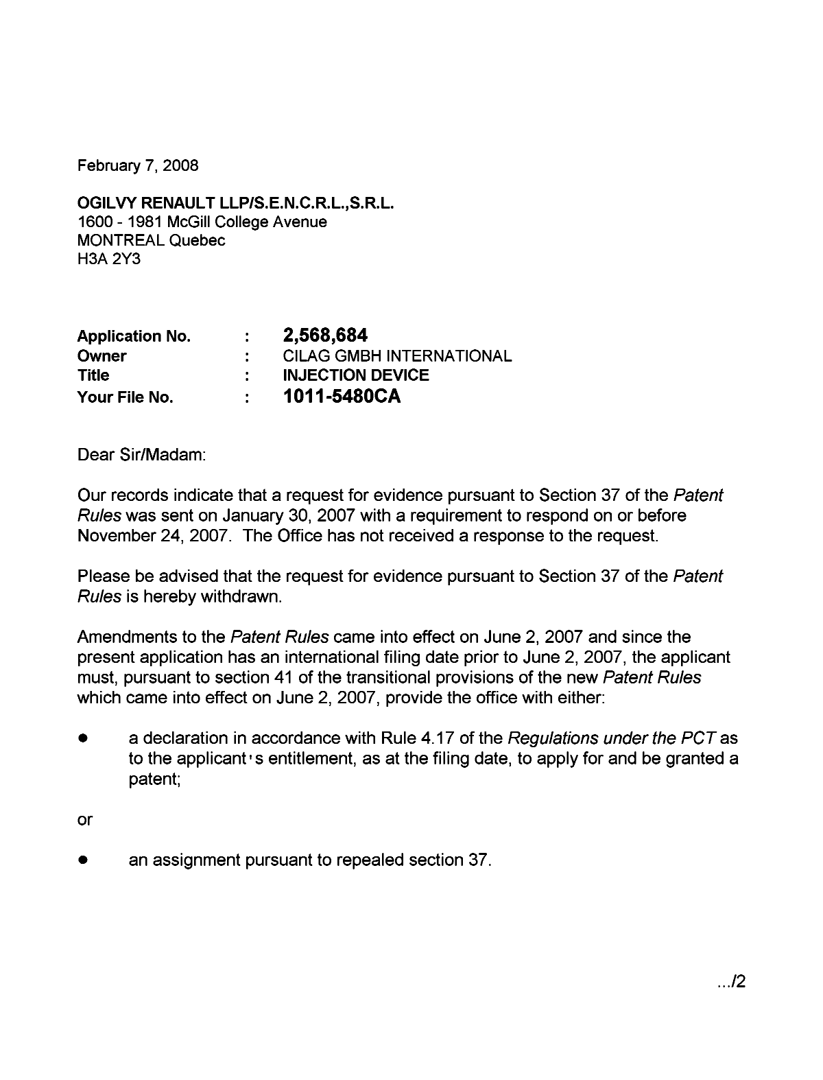 Document de brevet canadien 2568684. Correspondance 20080207. Image 1 de 2
