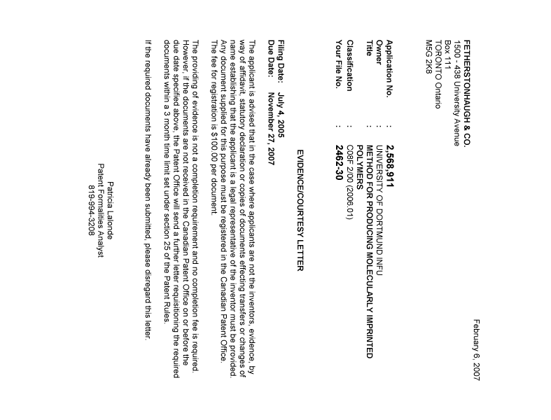 Document de brevet canadien 2568911. Correspondance 20070129. Image 1 de 1