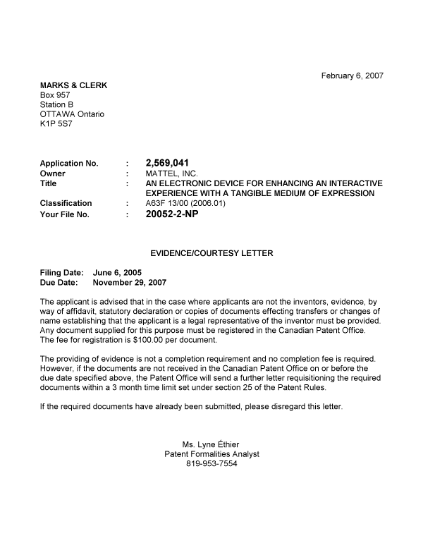 Document de brevet canadien 2569041. Correspondance 20070130. Image 1 de 1