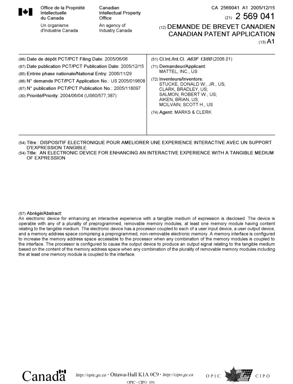 Document de brevet canadien 2569041. Page couverture 20070201. Image 1 de 1