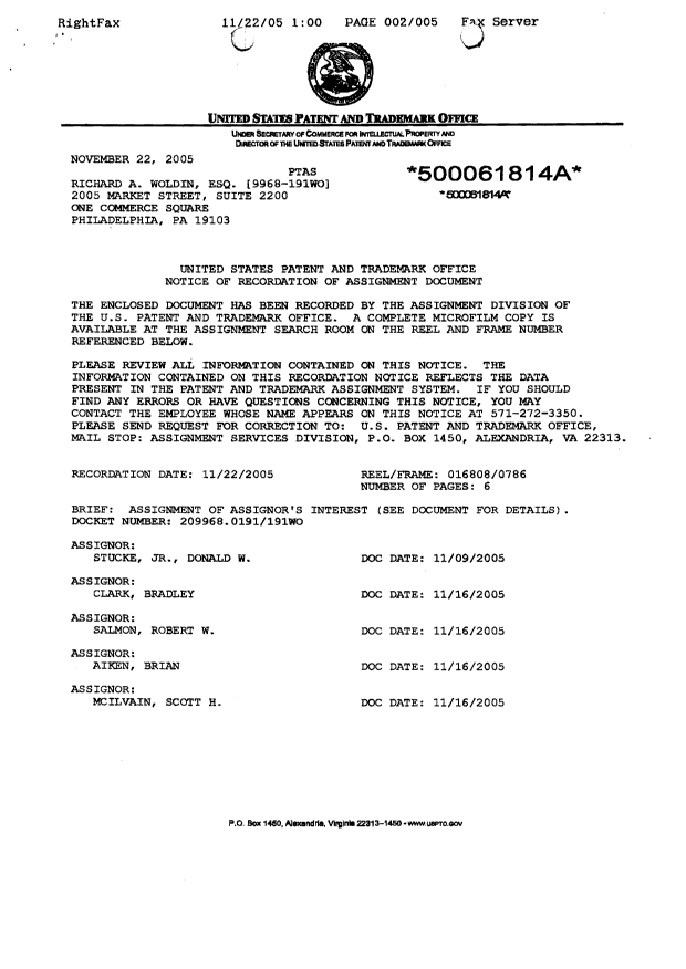 Document de brevet canadien 2569041. Cession 20070924. Image 2 de 9