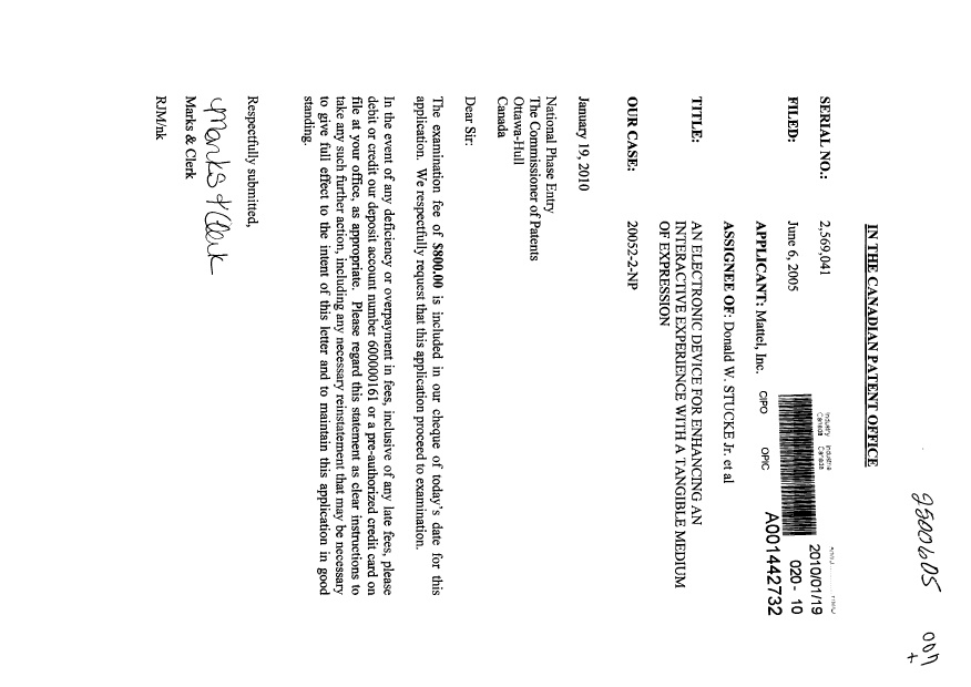 Canadian Patent Document 2569041. Prosecution-Amendment 20100119. Image 1 of 1