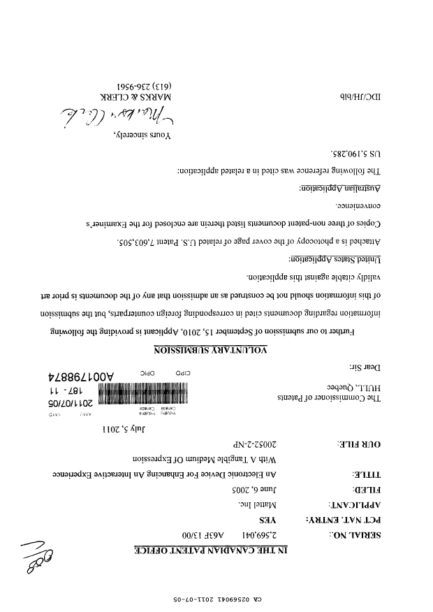 Canadian Patent Document 2569041. Prosecution-Amendment 20110705. Image 1 of 1