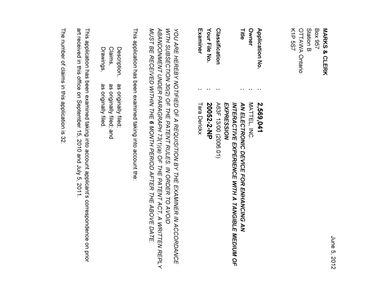 Canadian Patent Document 2569041. Prosecution-Amendment 20120605. Image 1 of 2