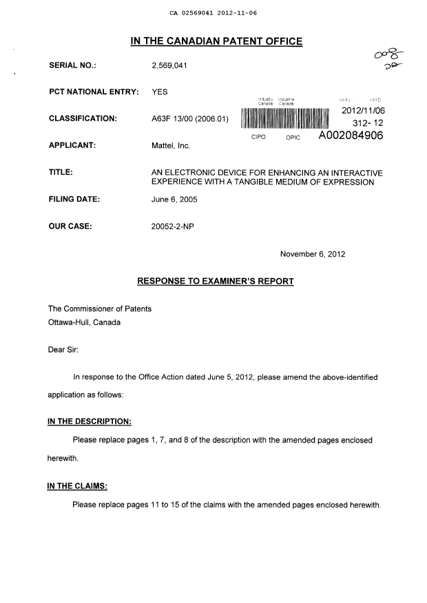 Document de brevet canadien 2569041. Poursuite-Amendment 20121106. Image 1 de 10