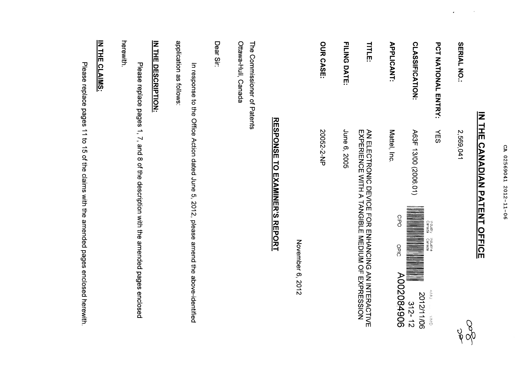 Canadian Patent Document 2569041. Prosecution-Amendment 20121106. Image 1 of 10