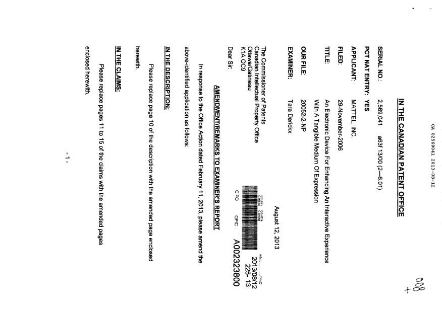Document de brevet canadien 2569041. Poursuite-Amendment 20130812. Image 1 de 10