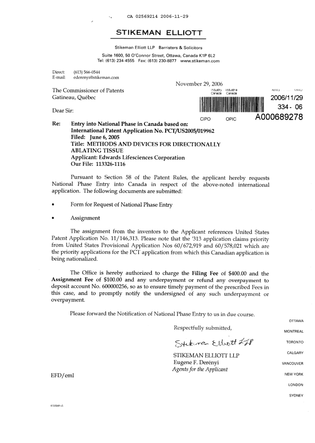 Document de brevet canadien 2569214. Cession 20061129. Image 1 de 12