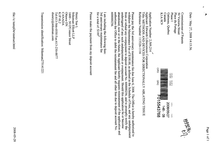Document de brevet canadien 2569214. Taxes 20080527. Image 1 de 1