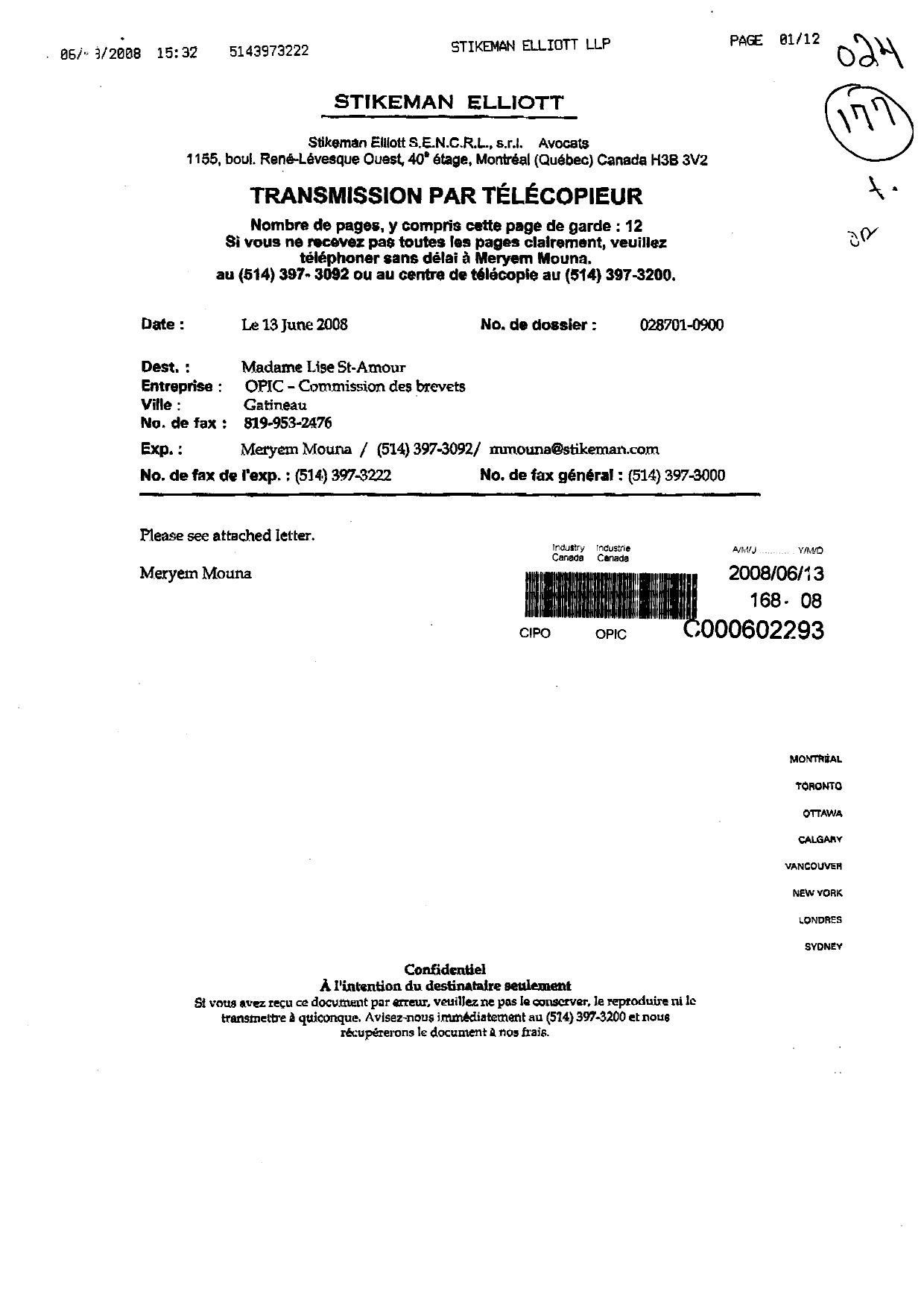 Document de brevet canadien 2569214. Correspondance 20080613. Image 1 de 12