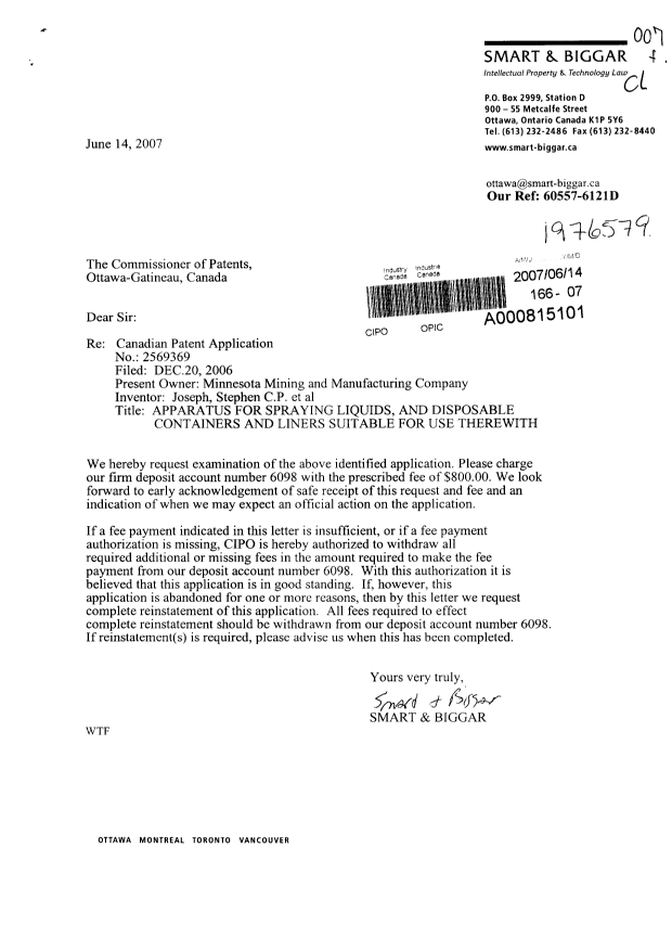 Document de brevet canadien 2569369. Poursuite-Amendment 20070614. Image 1 de 1