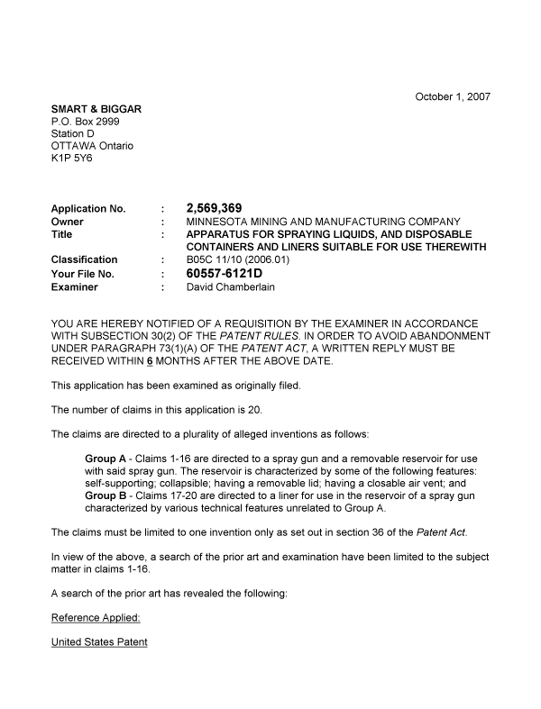 Document de brevet canadien 2569369. Poursuite-Amendment 20071001. Image 1 de 2