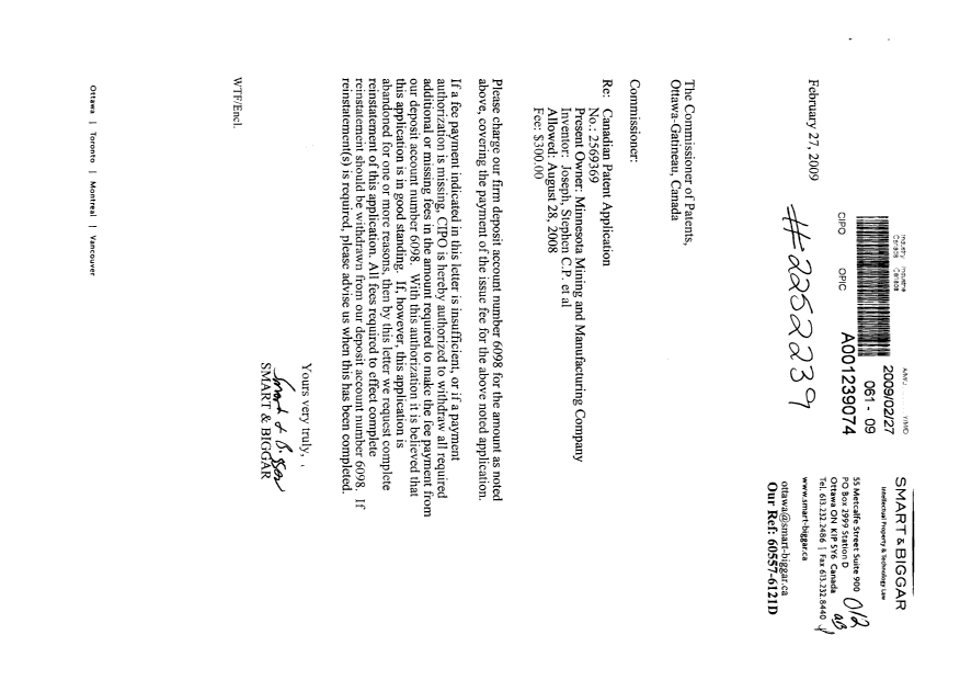 Document de brevet canadien 2569369. Correspondance 20090227. Image 1 de 1