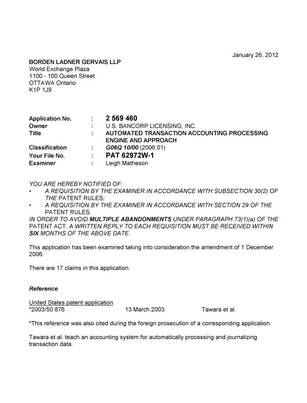 Document de brevet canadien 2569460. Poursuite-Amendment 20120126. Image 1 de 3