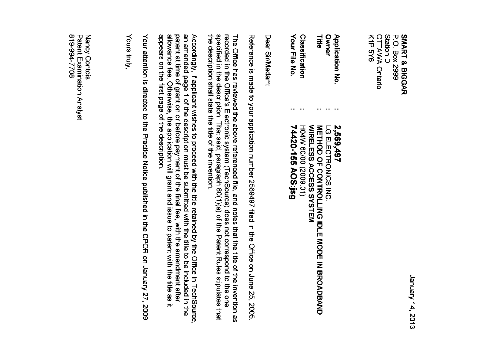 Canadian Patent Document 2569497. Correspondence 20130114. Image 1 of 1