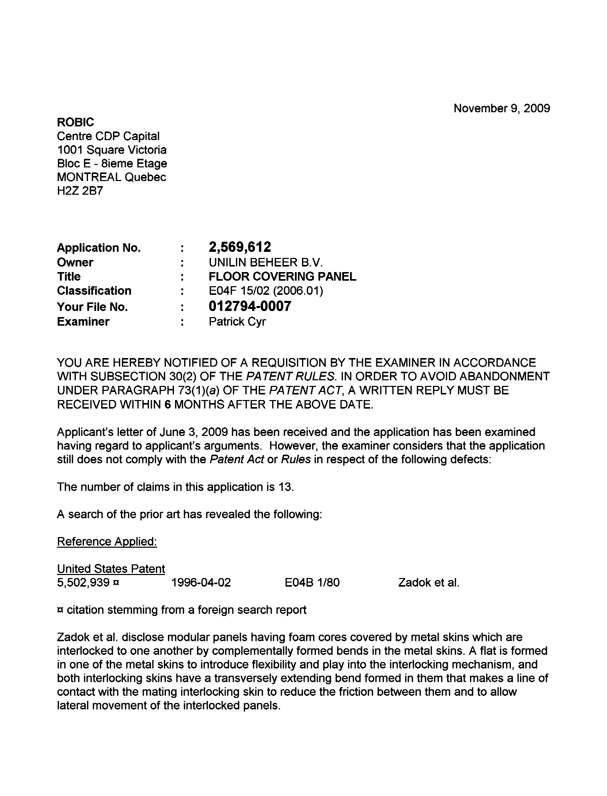 Document de brevet canadien 2569612. Poursuite-Amendment 20091109. Image 1 de 2